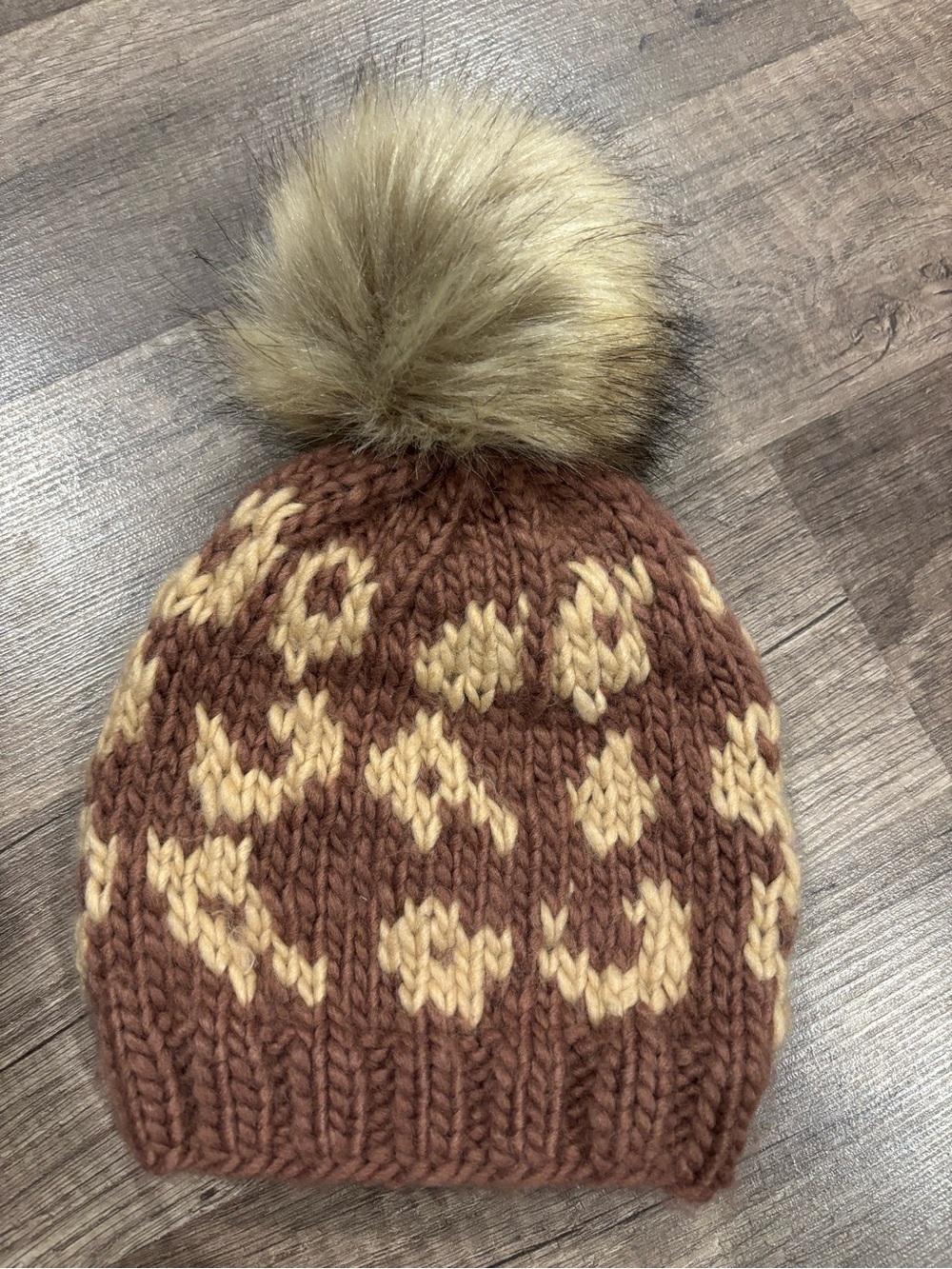 Kids Knit Pom Beanie in Brown with Cream Leopard Accent